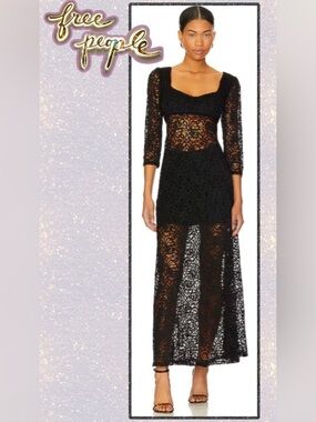 HOT! Free People Adored Lace Midi|Maxi Dress Black